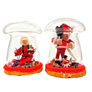 Caffco Christmas Santa Elf Diorama Under Mushroom Glass Terrarium VTG Set Of 2